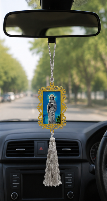 Premium Blessed Virgin Mary Gold Filigree Car Hanging Ornament with Silver Tassel