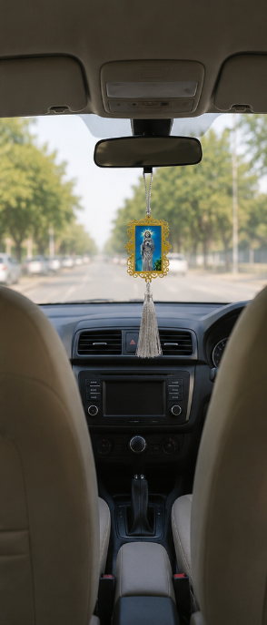Premium Blessed Virgin Mary Gold Filigree Car Hanging Ornament with Silver Tassel