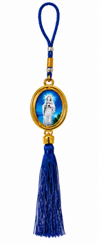 Blue Kreupasanam Mary Car Hanging Ornament with Gold-Tone Medal & Royal Blue Tassel