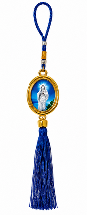 Blue Kreupasanam Mary Car Hanging Ornament with Gold-Tone Medal & Royal Blue Tassel