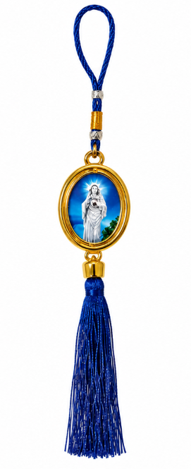 Blue Kreupasanam Mary Car Hanging Ornament with Gold-Tone Medal & Royal Blue Tassel