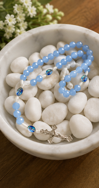 Light Blue Crystal Catholic Rosary with Marian Center Beads & Silver-Tone Crucifix