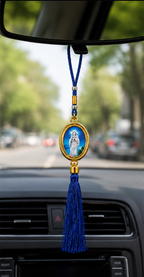 Blue Kreupasanam Mary Car Hanging Ornament with Gold-Tone Medal & Royal Blue Tassel