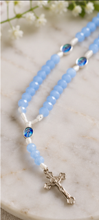Light Blue Crystal Catholic Rosary with Marian Center Beads & Silver-Tone Crucifix