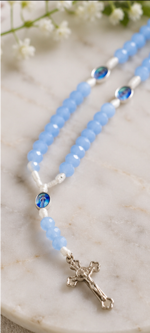 Light Blue Crystal Catholic Rosary with Marian Center Beads & Silver-Tone Crucifix