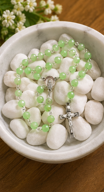 Light Green Crystal Catholic Rosary Necklace with Silver-Tone Crucifix