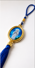 Blue Kreupasanam Mary Car Hanging Ornament with Gold-Tone Medal & Royal Blue Tassel