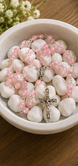 Pink Catholic Rosary Necklace with Silver-Tone Crucifix