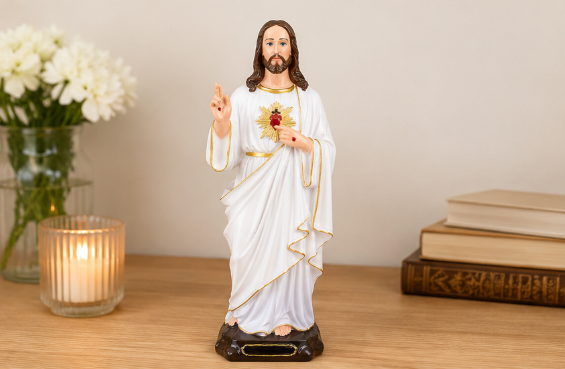 Sacred Heart of Jesus Statue – Divine Mercy and Sacred Love (White & Gold Finish)